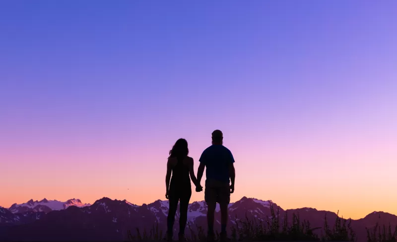 Couple silhouette, Romantic, Together, Lovers, Hands together, Sunrise, Glacier mountains, Clear sky, Outdoor, 5K