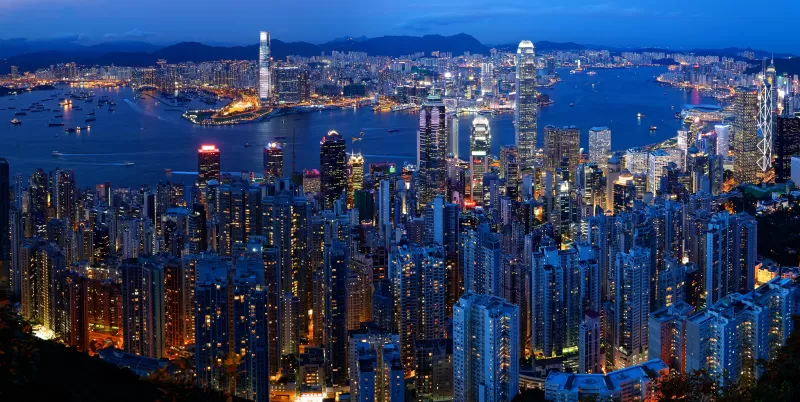 Victoria Peak, Hong Kong City Skyline, Victoria Harbour, Dusk, Blue hour, Cityscape, Skyscrapers, Aerial view, Long exposure, Night time, City lights, 5K
