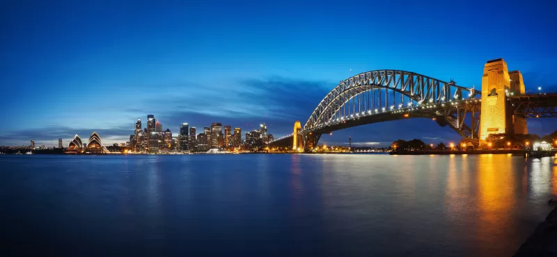 Sydney Harbour Bridge, Opera House, Australia, Cityscape, Night time, Body of Water, Skyline, Reflection, Blue Sky, Panorama, Long exposure, 5K, 8K
