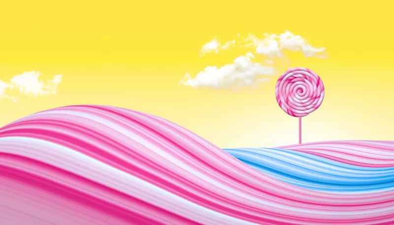 Lollipop, Pink, Yellow background, Yellow sky, Clouds, Waves, Colorful, Bliss, Surreal, Girly
