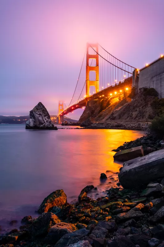 Golden Gate Bridge, San Francisco, Sunset, Lights, California, Pink sky, Foggy