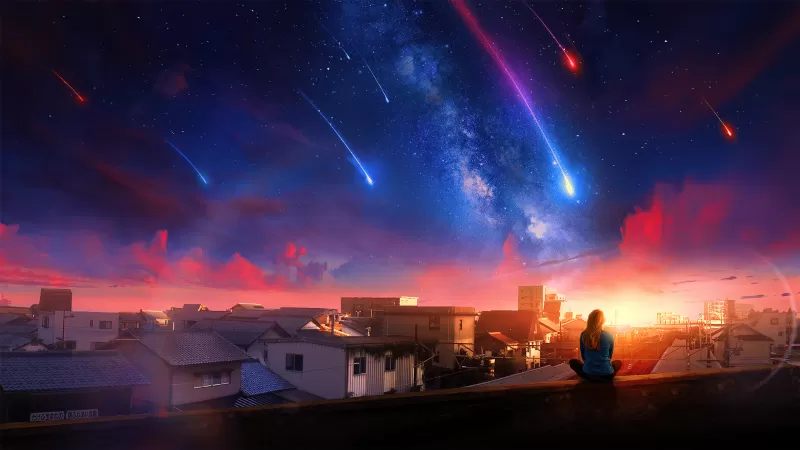 Alone, Girl, Woman, Falling stars, Town, Home, Milky Way, Dream, Surreal, Sunset, Calm