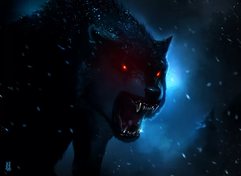 Black Wolf, Red eyes, Snow fall, Dark background, Night time, Hunter, Wild animal, Digital composition
