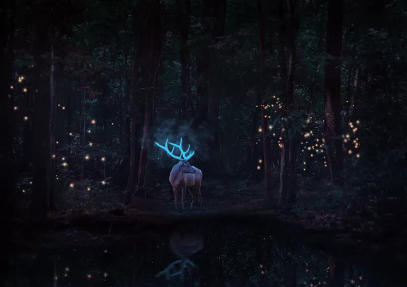 Stag, Deer, Forest Trees, Surreal, Dark background, Fantasy, Digital Art, 5K