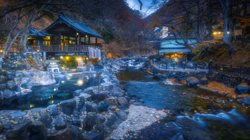 Hot spring, Autumn, Dusk, Illuminated, Traditional, Outdoor, Takaragawa Onsen, Japan, 5K, 8K