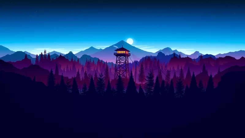 Firewatch, Mountains, Clear sky, Blue Sky, Watchtower, Silhouette, Forest, Panorama