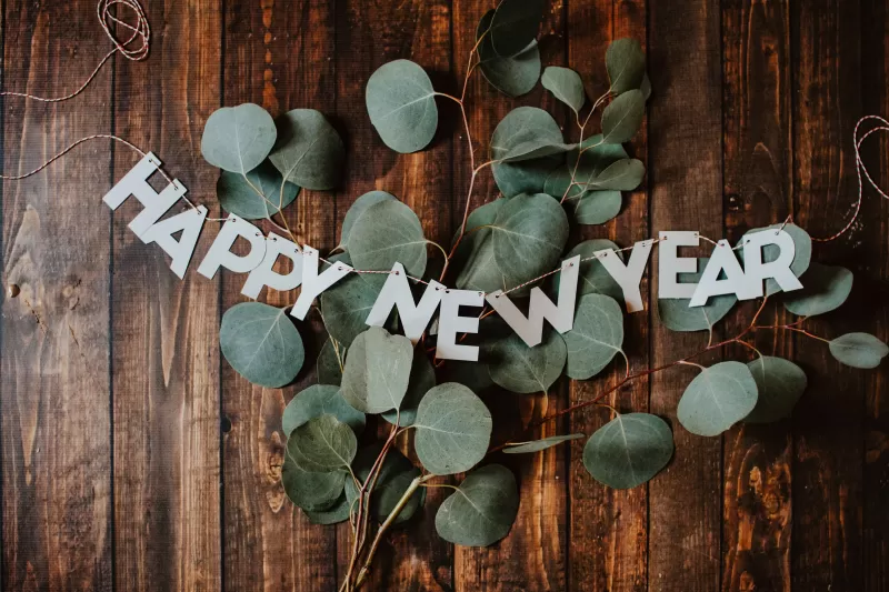 Happy New Year, Banner, Leaves, Wooden background, 5K