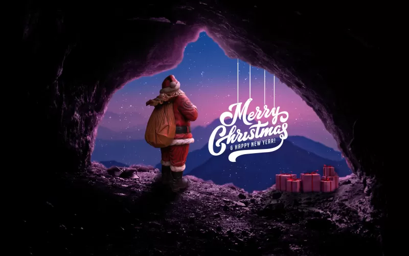 Merry Christmas, Happy New Year, Santa Claus, Cave, Gifts, Surreal, Starry sky, Christmas Eve, Sunset, Stars