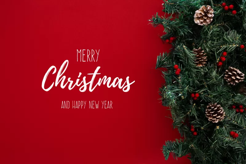 Happy New Year, Merry Christmas, Red background, Christmas decoration, Christmas tree, 5K
