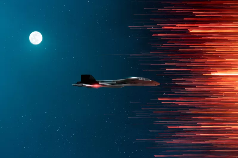 Fighter jet in space wallpaper, Full moon, Orange teal