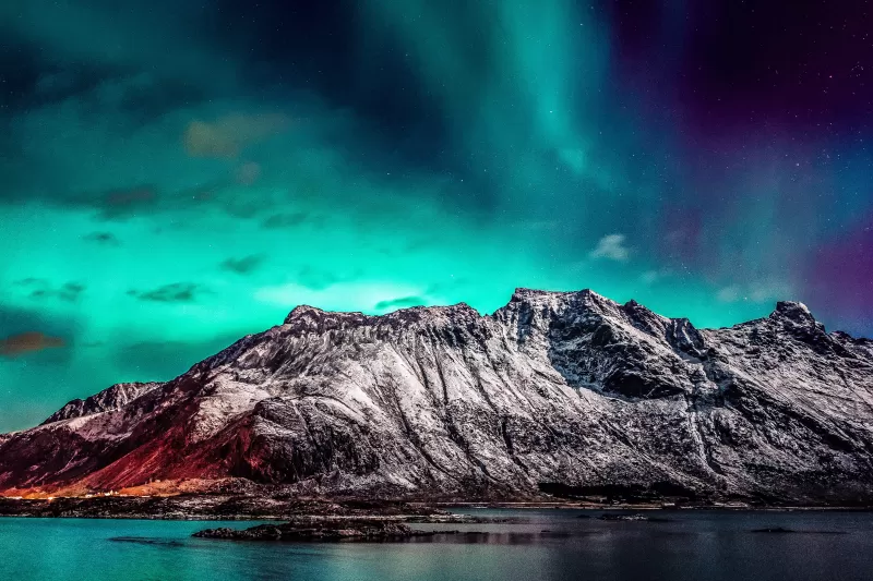 Nordic mountain range, Aurora Borealis, Starry sky, Glacier mountains, Snow covered, Landscape, Scenery, 5K