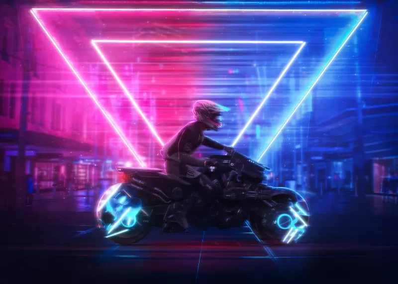 Motorcycle, Cyberpunk 2077, Neon art, Neon Lights, Triangles, Game Art, Fast bikes, Cover Art