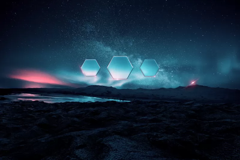 Night landscape, Glowing hexagons wallpaper, Milky Way
