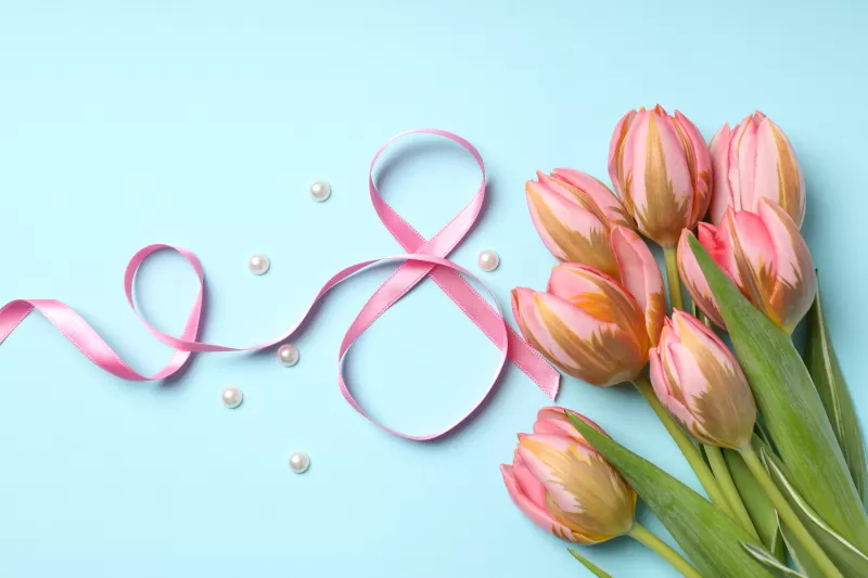 Women's Day, March 8th, Tulips, Ribbon, Pearls, Blue background, 5K