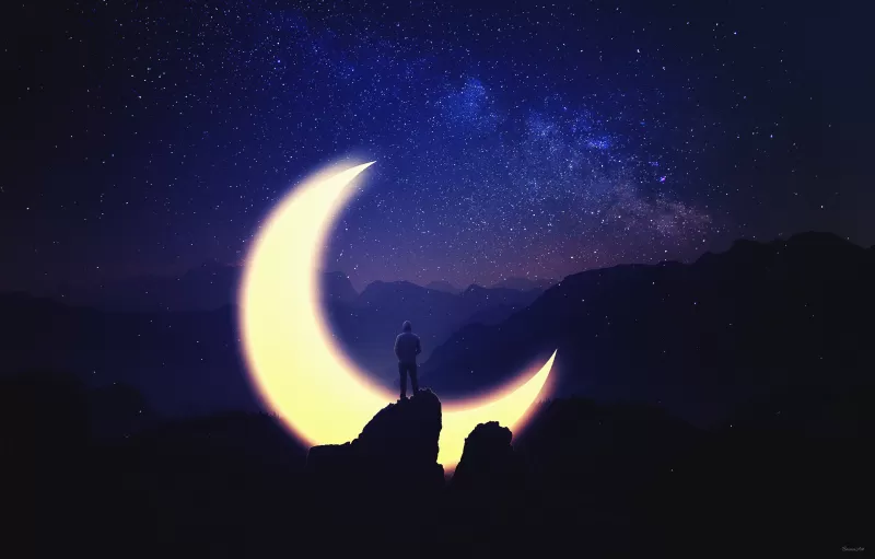 Dream, Crescent Moon, Night, Starry sky, Silhouette, Standing Man, Mountains