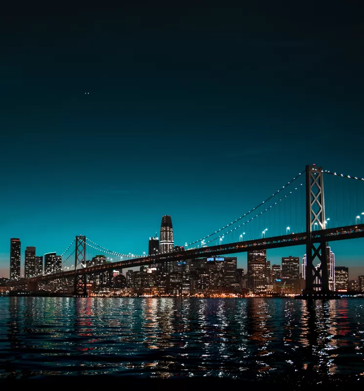 Brooklyn Bridge, New York, Cityscape, Night time, City lights, Skyline, Body of Water, Clear sky, Skyscrapers