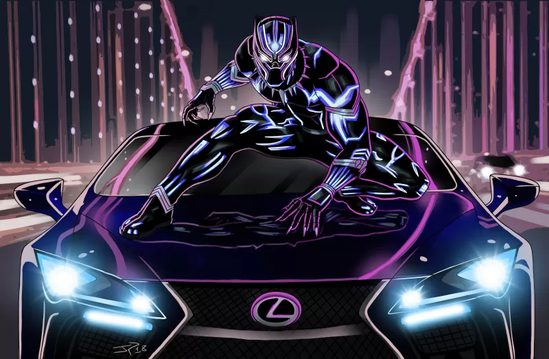 Black Panther, Lexus LC 500, Digital Art, Neon art, Marvel Superheroes, 5K