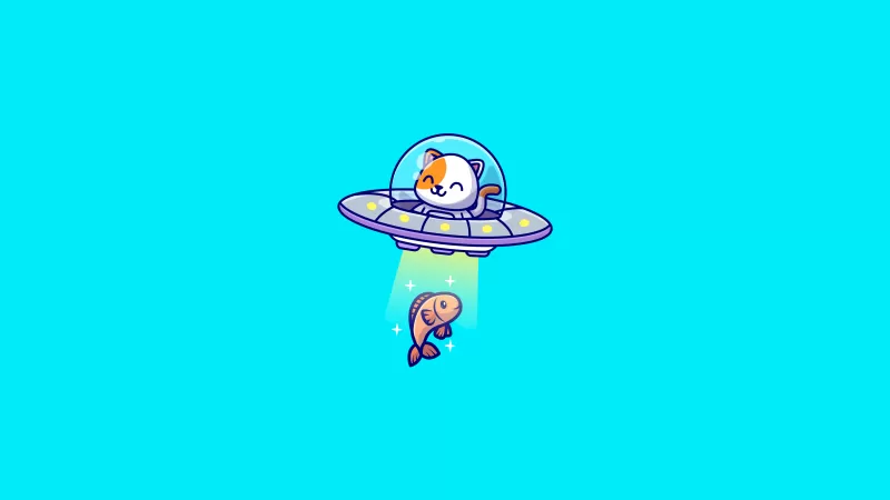 Cute Cat, Flying cat, UFO, Fish, Spaceship, Aqua blue, Aqua background, Minimal