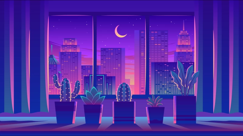 Room, Cityscape, Plants, Crescent Moon, Skyscrapers, Buildings, Neon, Pink, Purple