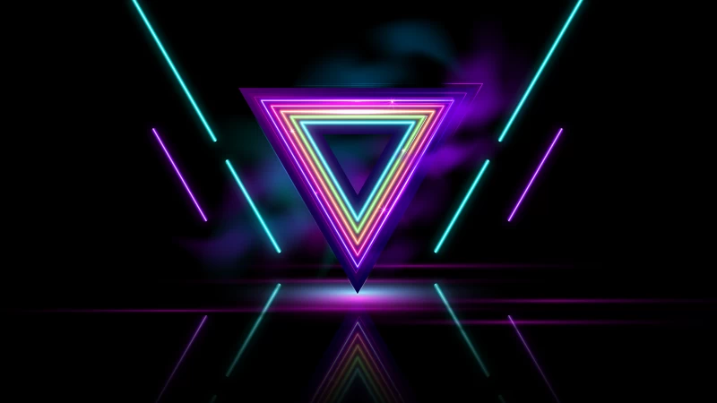 Triangles, Neon colors, Neon glow, Dark background, Retrowave, Neon Lights, Reflections, 5K, 8K
