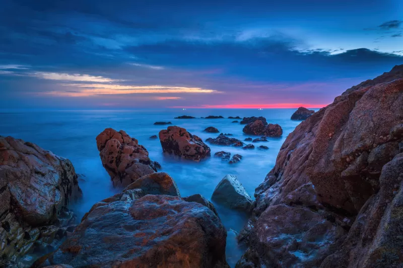 Sunset Seascape, Rocky beach, Coastline, Evening, 5K, 8K background