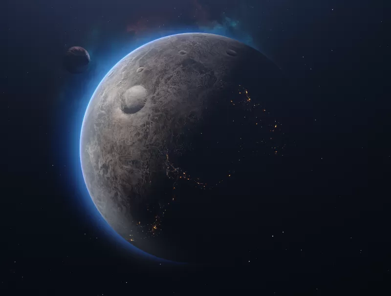 Ceres dwarf planet, City lights, Blue atmosphere, 4K wallpaper
