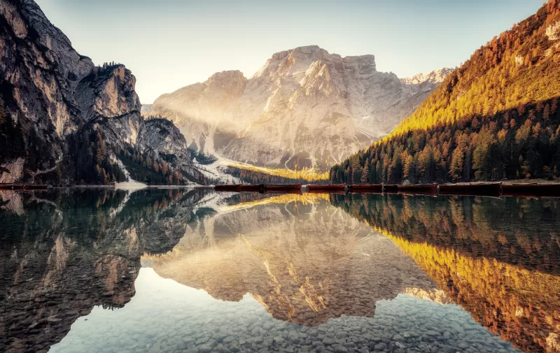 Pragser Wildsee, Lake, Dolomite mountains, Italy, Scenic, Scenery, Reflections, 5K, 8K