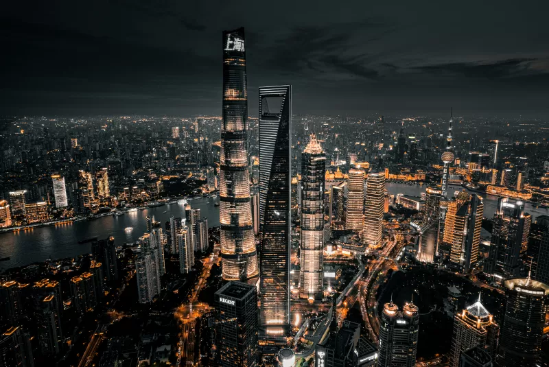 Shanghai City, Cityscape, Night City, City lights, Aerial view, Skyscrapers, Dark Sky, 5K