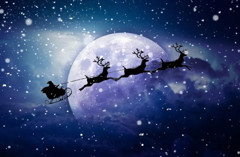 Santa Claus chariot, Moon, Snowfall, Winter, Reindeer Chariot