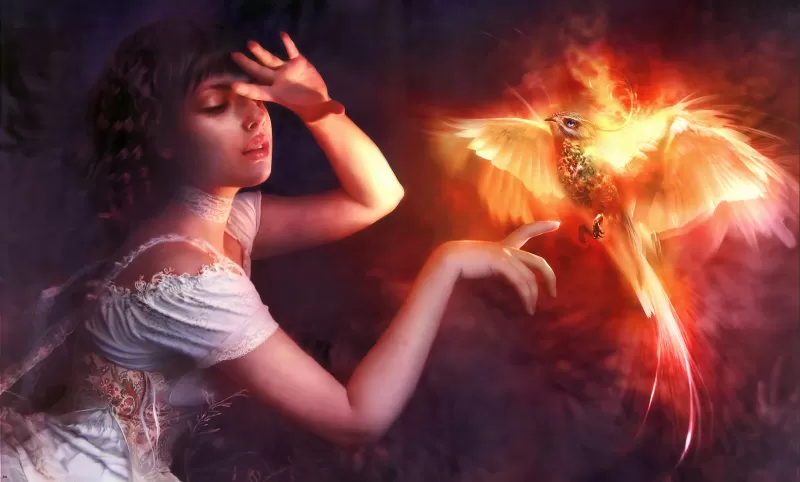 Phoenix girl, Fantasy art, Fire bird, 4K wallpaper