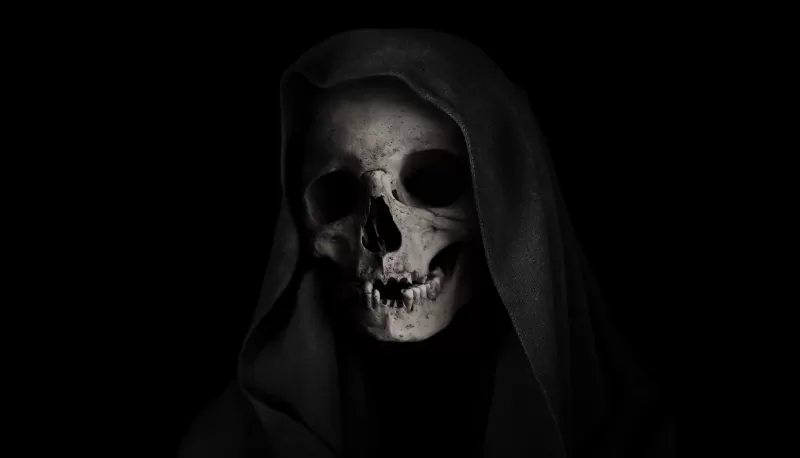 Grim Reaper, Skull, Black background, Scary, 5K, Evil laugh