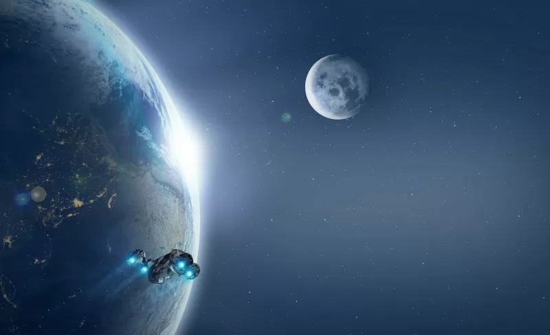 Spaceship wallpaper, Earth and Moon, Outer space