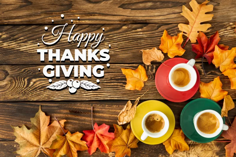 Happy Thanksgiving, Thanksgiving Day, Autumn leaves, Wooden background, Coffee cups, Wooden Floor