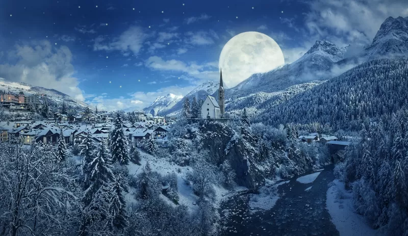 Winter, Moon, Frozen, Forest, Village, Snowfall, 5K