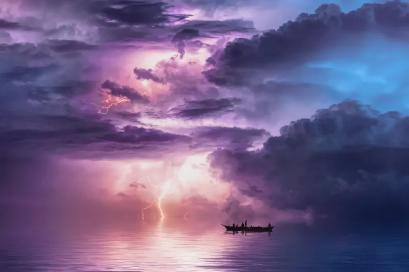 Surreal, Storm, Boat, Clouds, Thunderstorm, Ocean, 5K, 8K