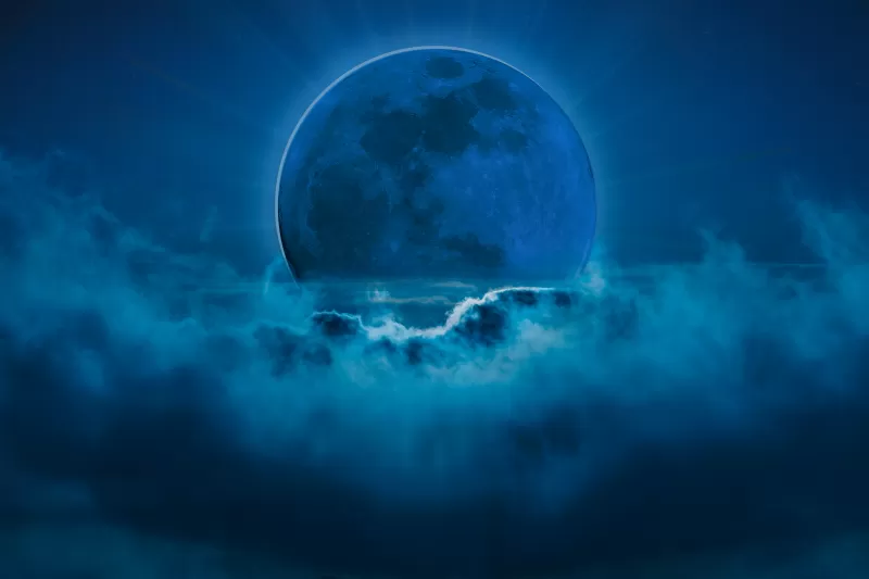 Blue moon, Night, Surreal, Blue background, Night sky, Clouds