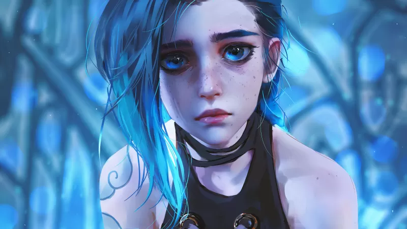 Jinx, Arcane: League of Legends, Sad, Blue background, 5K, Sad face