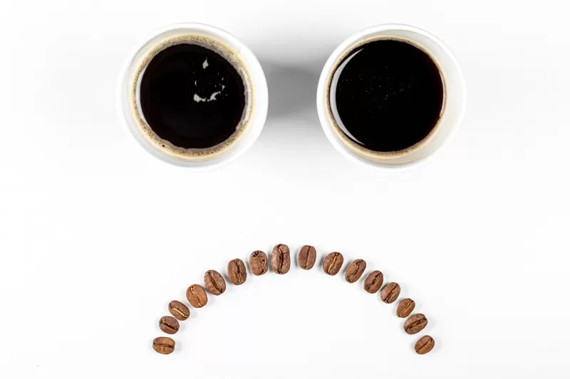 Sad day, Black Coffee, Coffee cups, Coffee beans, White background, Sad mood, Sad smiley, 5K wallpaper