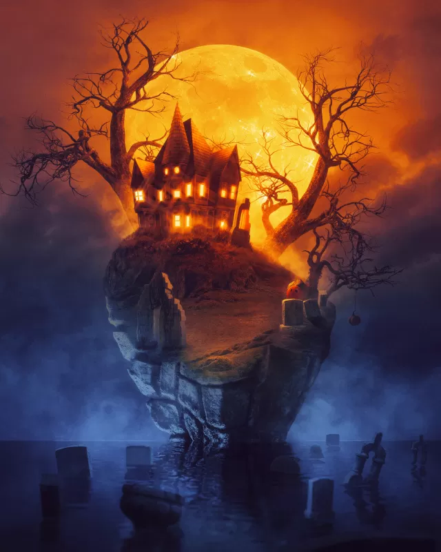 Scary house, Halloween house, Spooky, Horror, Halloween night, Moon, Death Island, Halloween pumpkins