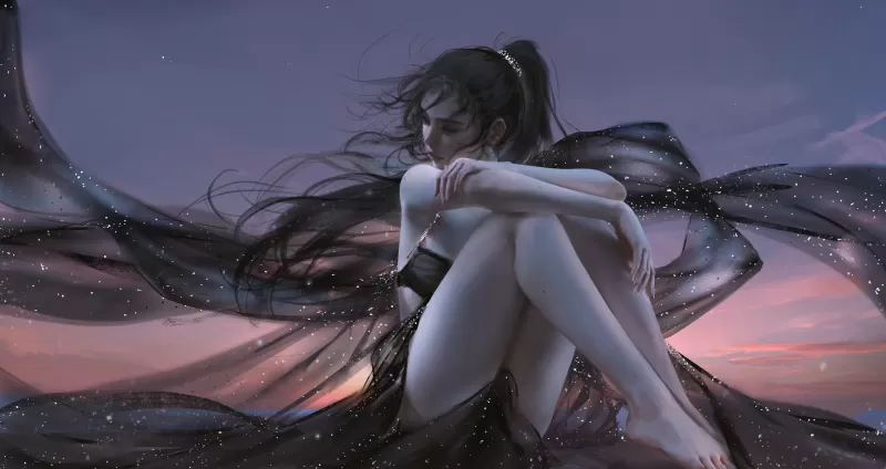 Anime girl, Relaxing, Alone, Thinking, Dream girl, Sunset, 5K