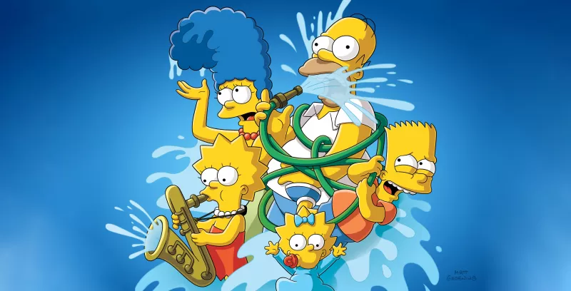 The Simpsons, Homer Simpson, Marge Simpson, Bart Simpson, Lisa Simpson, Maggie Simpson, Simpson family, Blue background