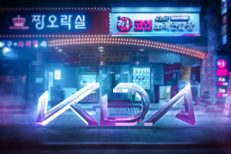 KDA, 3D text, Neon background, League of Legends, Neon typography, 5K