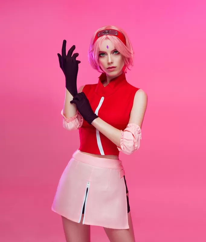 Sakura Haruno, Naruto Shippuden, Anime, Cosplay, Pink background