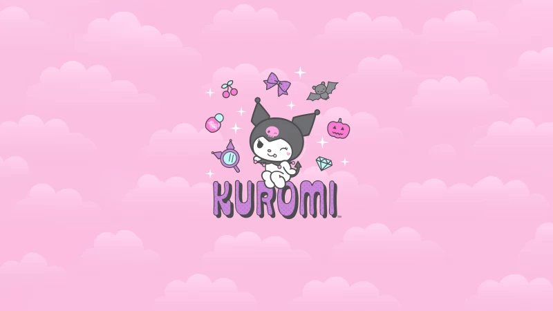 Kuromi, Hello Kitty, Pink background, Black jester hat, Pink skull, White rabbit, 5K, Cartoon, Girly backgrounds