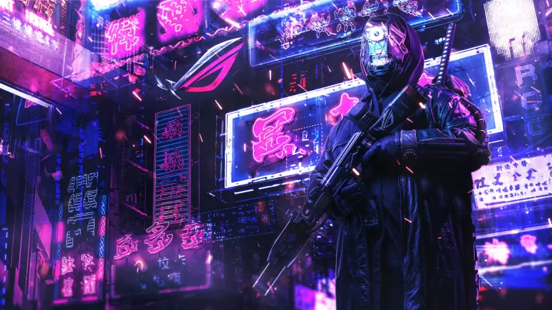 Cyberpunk 4K wallpaper, Futuristic, Neon background, ASUS ROG
