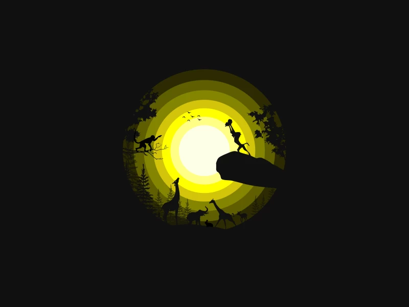 The Lion King wallpaper 4K, Rafiki, Simba, Animals, Forest, Pride Rock, Silhouette, Yellow, Black background