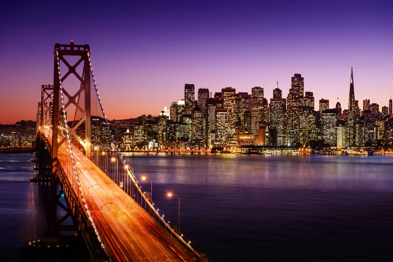 Golden Gate Bridge, Suspension bridge, San Francisco, California, Cityscape, Skyline, Night City, Twilight, 5K, 8K