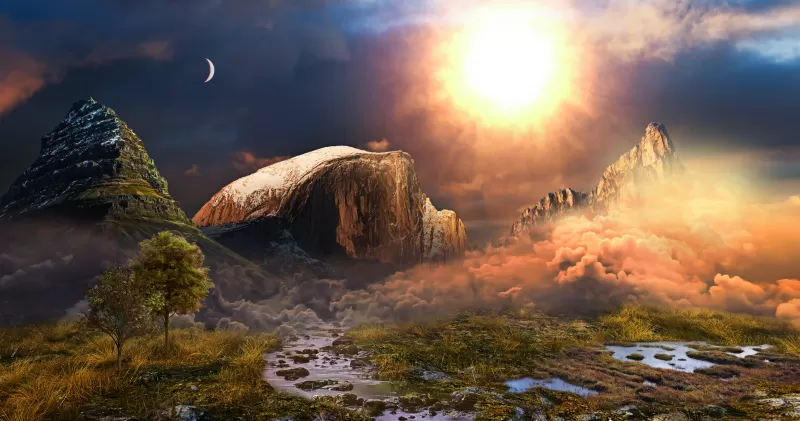 Fantasy mountains, Sun and crescent moon, Surreal landscape, 4K wallpaper