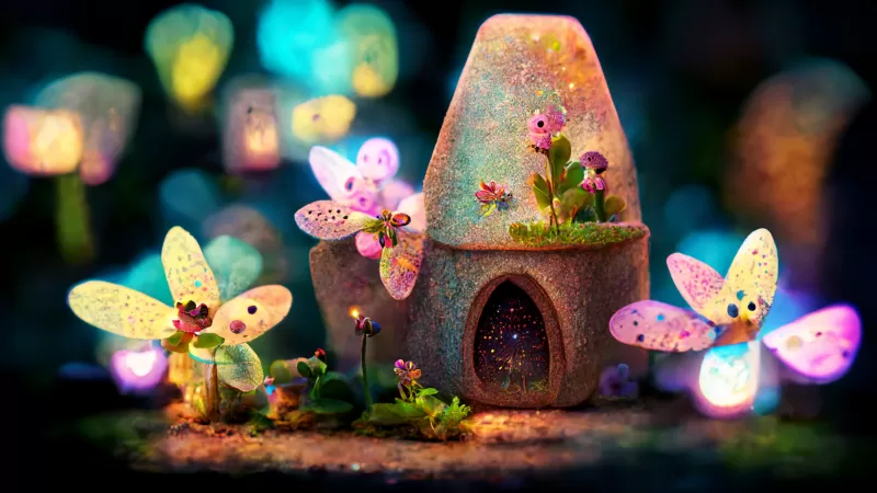 Fairy house wallpaper, Glowing butterflies, Midjourney AI