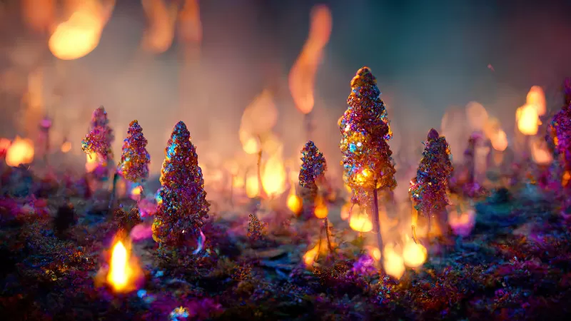 Magical forest, Glittering trees, Bokeh flames, 4K wallpaper